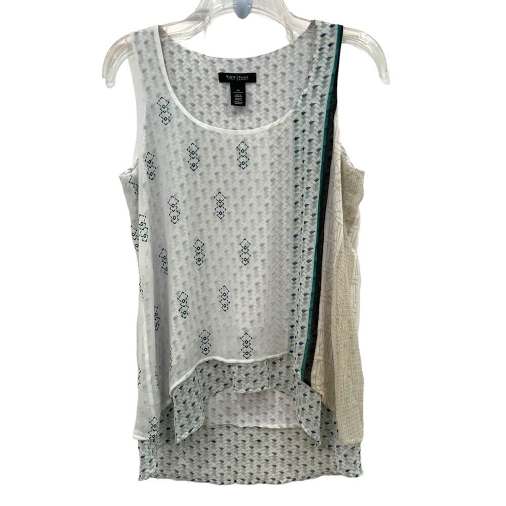 White House Black Market White Green Tan High Low Sleeveless Blouse Size XS